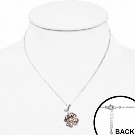 Alliage avec collier en doré blanc avec pendentif coeur à motif de fleur de Shamrock et de cristaux  à 2 tons