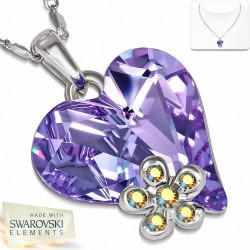 Alliage avec collier en or blanc doré avec pendentif cœur en forme de coeur et fleurs avec cristaux   pourpre / violet clair
