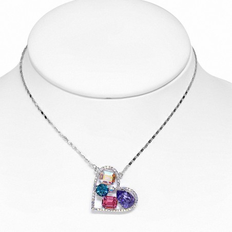 Collier avec pendentif coeur en alliage doré / doré blanc avec cristaux colorés de