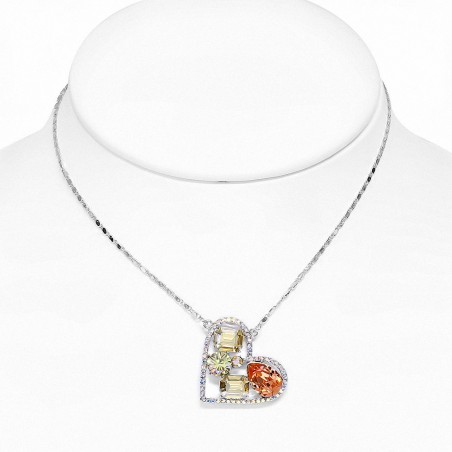 Collier avec pendentif coeur ouvert en alliage doré blanc et coeur ouvert avec topaze d'abricot et cristaux