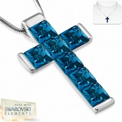 Alliage avec collier en doré blanc et croix latine avec cristaux de zircon bleu