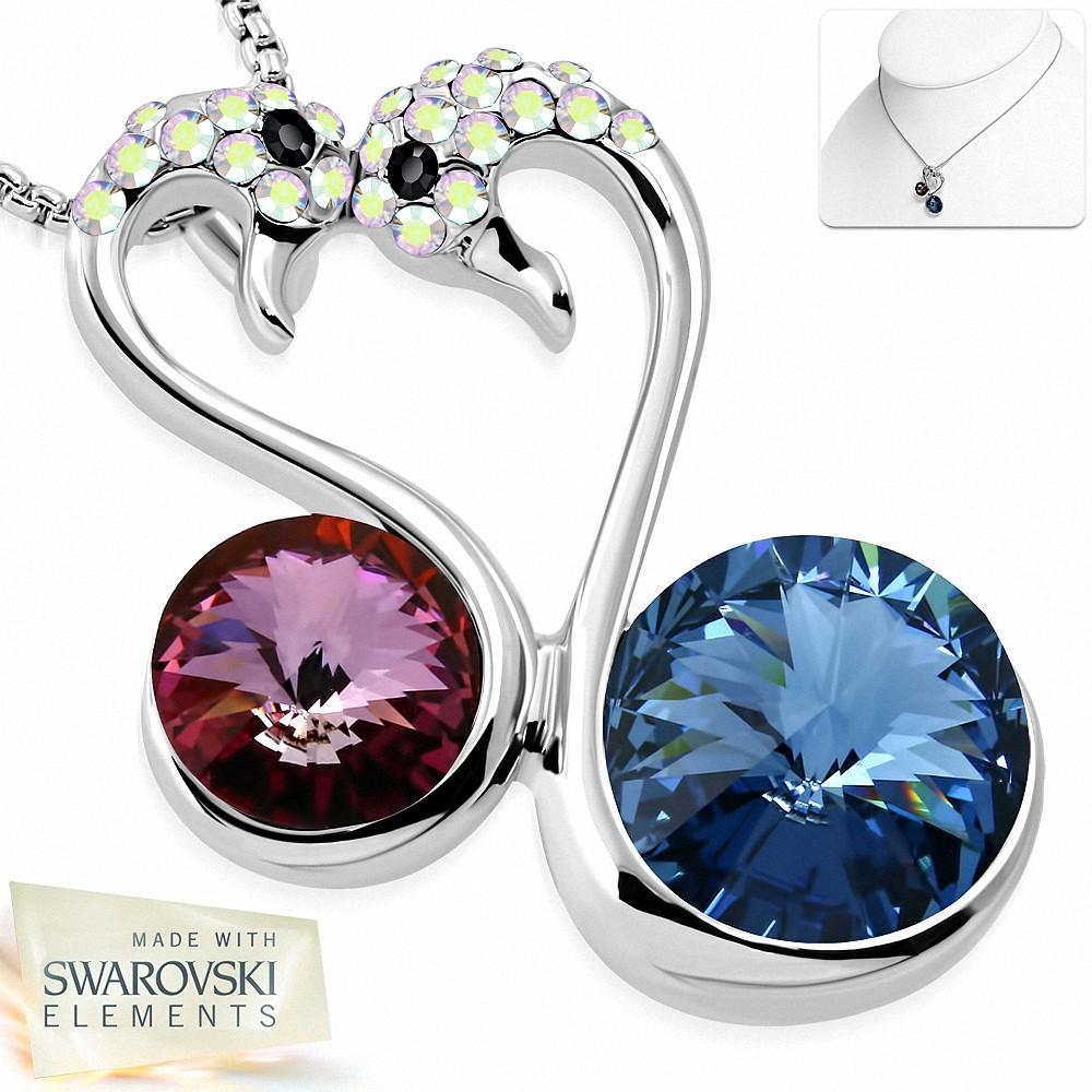 Alliage avec or blanc plaqué amour collier de charm couple coeur Swan avec cristaux de   améthyste et saphir bleu