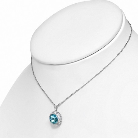 Alliage avec collier en argent blanc serti de lunette sertie de rond et de cristaux ronds avec cristaux   en aigue-marine