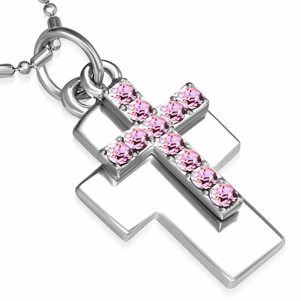 Collier en alliage fantaisie avec chaînes et breloques en forme de croix avec Rose Rose CZ