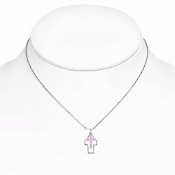 Collier en alliage fantaisie avec chaînes et breloques en forme de croix avec Rose Rose CZ