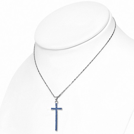 Alliage de cristal fantaisie à la mode avec pendentif croix en chaîne avec saphir bleu CZ