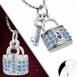 Alliage  collier avec chaîne de charm clé de cadenas en cristal  saphir bleu CZ