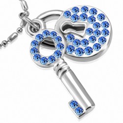 Alliage de mode collier avec chaîne de charm clé de cadenas en cristal  saphir bleu CZ