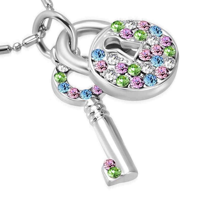 Alliage de mode collier de chaîne de charm clé de cadenas en cristal  CZ coloré