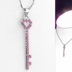 Alliage de mode cristal amour coeur collier de chaîne de charm clé  rose rose CZ