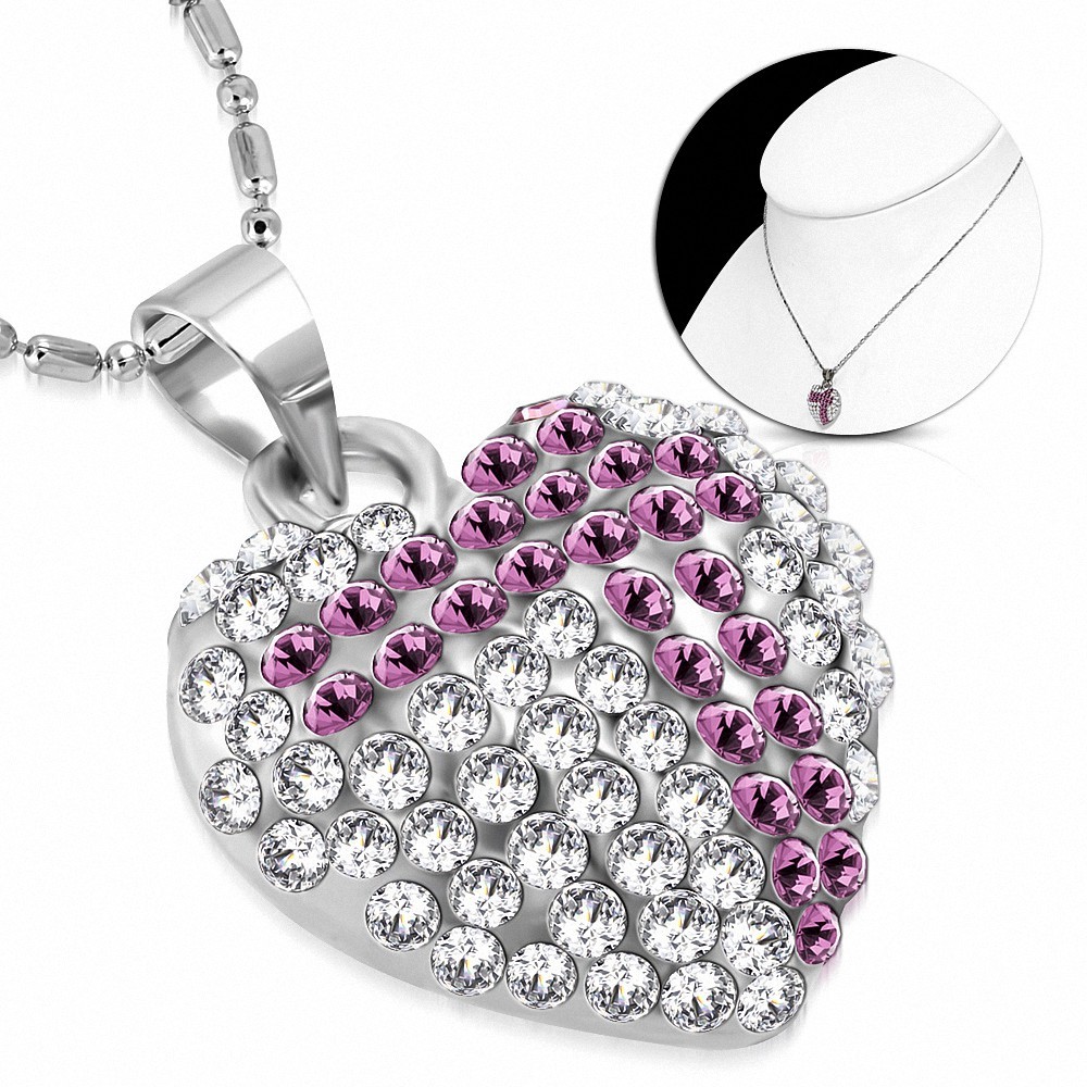 Collier en alliage fantaisie avec pendentif coeur en cristal avec cristal clair et améthyste CZ