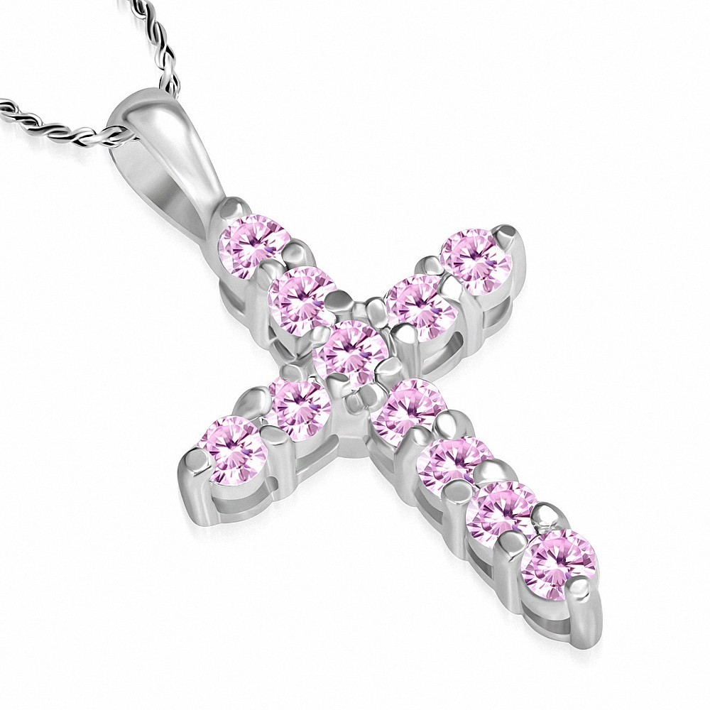 Alliage de mode cristal collier avec breloque croix fleur  rose rose CZ