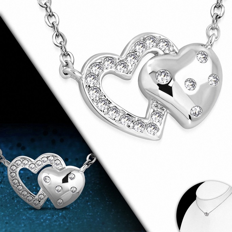 Collier fantaisie en alliage ouvert avec deux coeurs en forme de coeur avec  clear CZ