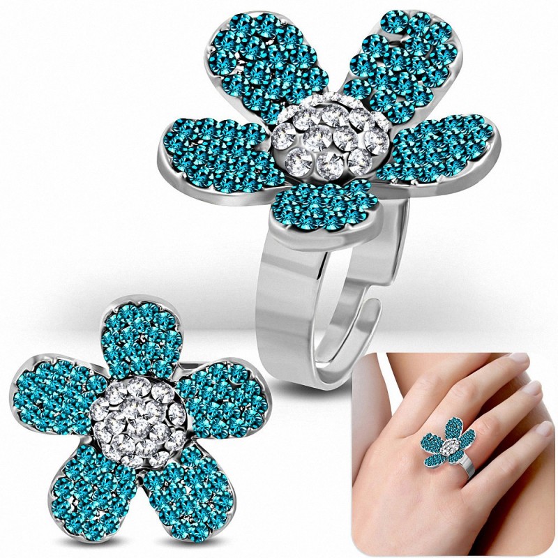 Bague cocktail en forme de fleur de marguerite verte en alliage à taille unique avec zircon clair et bleu CZ