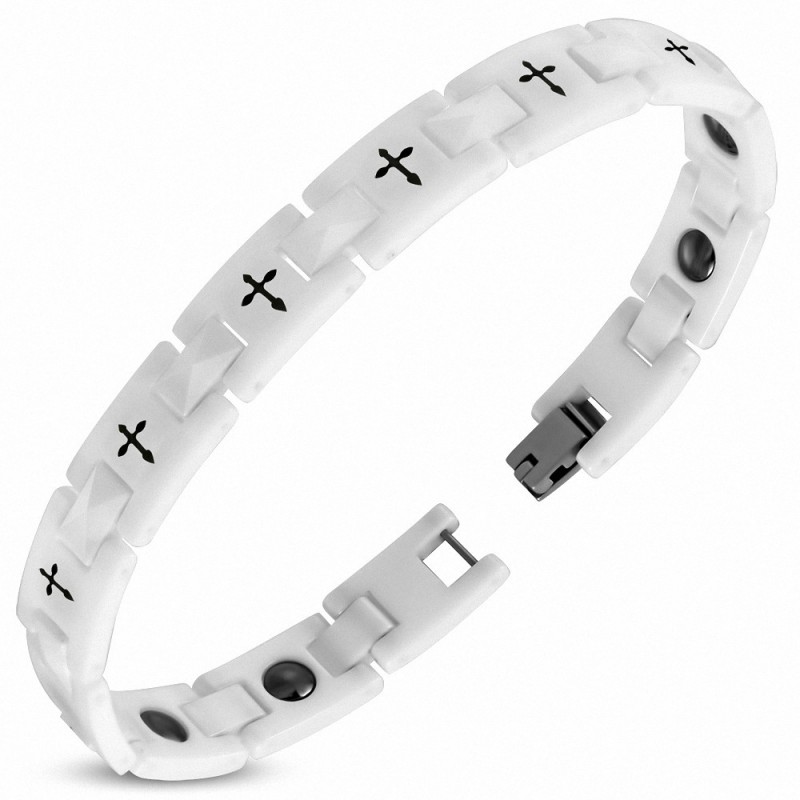 10mm | Bracelet magnétique en céramique blanche à breloques croisées 2 tons