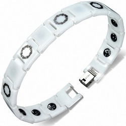 19cm x 12mm | Bracelet magnétique à maillons en céramique blanche à fleurs avec panthère