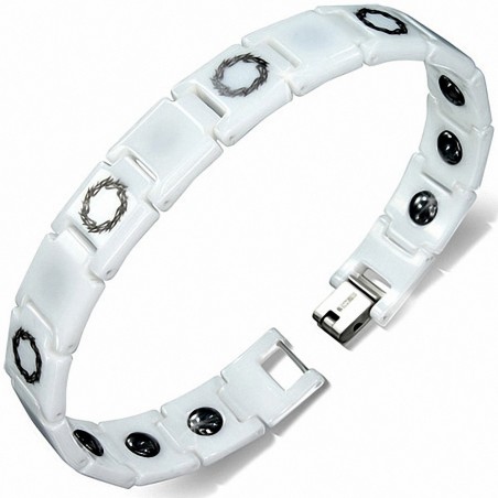 19cm x 12mm | Bracelet magnétique à maillons en céramique blanche à fleurs avec panthère