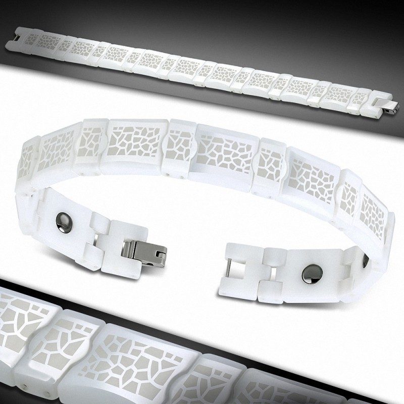 21cm x 13mm | Bracelet magnétique en lien de panthère en céramique motif peau de serpent noir et blanc