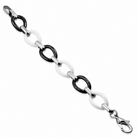 21cm x 16mm | Bracelet chaînette en céramique ovale noire et blanche avec maillons en acier inoxydable