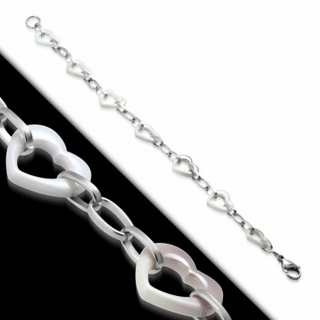 Bracelet 3 tons en céramique avec cœur d'amour ouvert et chaîne à maillons ovales en acier inoxydable