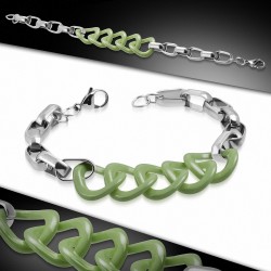 Bracelet en céramique à 2 tons avec cercle de verrouillage tordu vert et chaîne à maillons ovale en acier inoxydable
