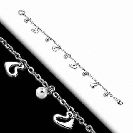 Bracelet en acier inoxydable avec breloque en forme de coeur et cercle de perles en forme de coeur