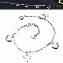 Bracelet de chaîne d'extension / bracelet de cheville en libellule en acier inoxydable avec coeur d'amour ouvert