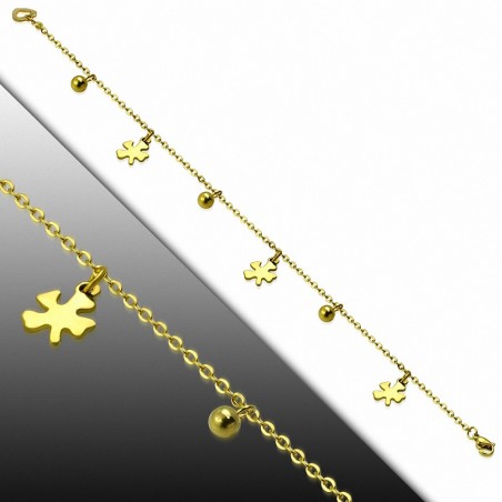 Bracelet à breloques en forme de boules de fleurs en forme de coeur en acier inoxydable doré avec chaîne d'extension