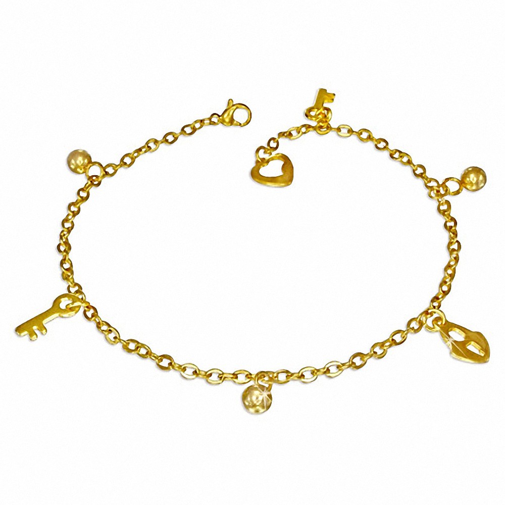 Bracelet à breloques avec clé de cadenas en acier inoxydable doré / chaîne de cheville avec chaîne d'extension