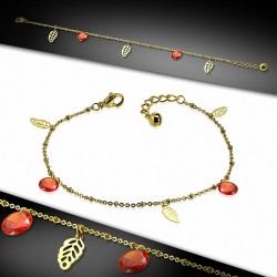 Bracelet à breloques en forme de feuille en acier inoxydable doré avec chaîne / chaîne d'extension et opale de feu orange CZ