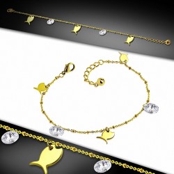 Bracelet à breloques / bracelet de poisson en acier inoxydable doré avec chaîne d'extension & CZ transparent