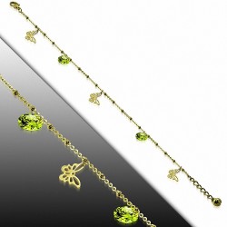 Bracelet à breloques papillon avec découpes en acier inoxydable doré / chaîne de cheville avec chaîne d'extension et péridot