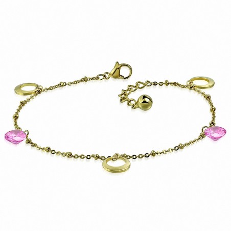 Bracelet à breloques avec bracelet en acier inoxydable doré / chaîne de cheville avec chaîne d'extension et rose CZ