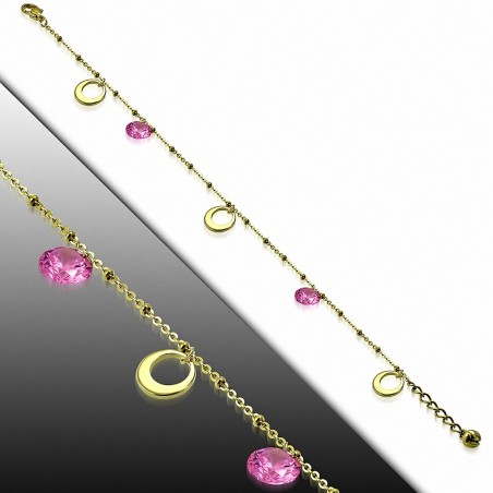 Bracelet à breloques avec bracelet en acier inoxydable doré / chaîne de cheville avec chaîne d'extension et rose CZ