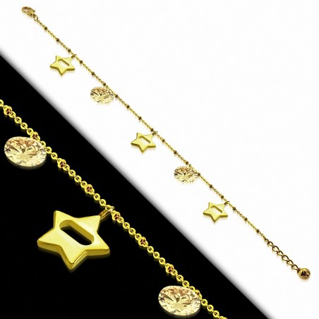 Bracelet à breloques en forme d'étoile en acier inoxydable doré avec chaîne / chaîne de rallonge et topaze à champagne CZ