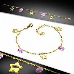 Bracelet à breloques en forme d'étoile en acier inoxydable doré avec chaîne / chaîne d'extension et rose CZ