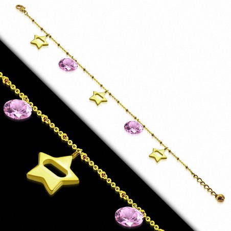 Bracelet à breloques en forme d'étoile en acier inoxydable doré avec chaîne / chaîne d'extension et rose CZ