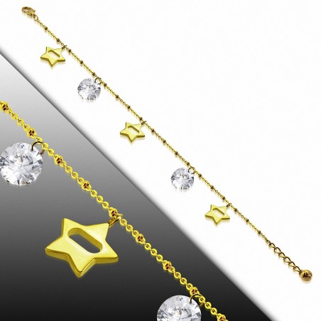 Bracelet à breloques en forme d'étoile en acier inoxydable doré - Chaîne de cheville avec chaîne d'extension et CZ transparent