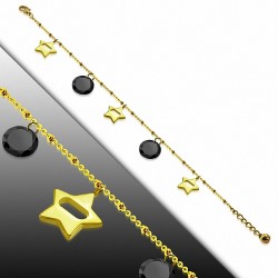 Bracelet à breloques étoiles en acier inoxydable doré avec chaîne et chaîne de rallonge et noir de jais CZ