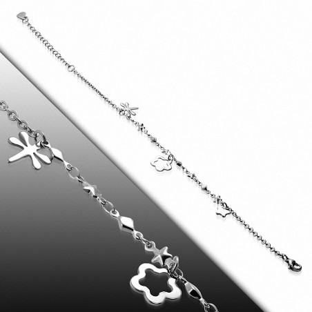 Bracelet chaîne / bracelet de cheville en alliage de fermoir à pince de homard en acier inoxydable libellule étoile fleur charm
