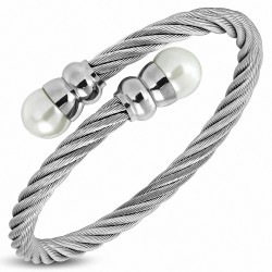Bracelet manchette torc en fil de câble torsadé celtique acier avec perle