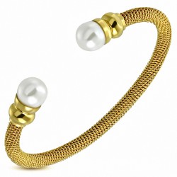 Bracelet manchette rond Torc en acier inoxydable doré avec perle