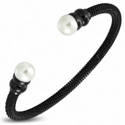 Bracelet manchette rond en Torc en acier inoxydable noir avec perle de perle
