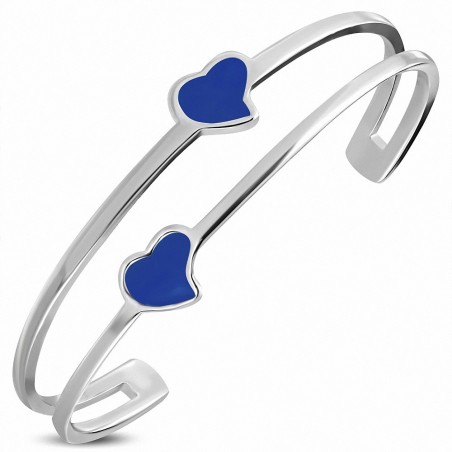 Bracelet manchette double coeur en acier inoxydable émaillé bleu
