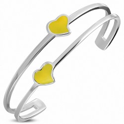 Bracelet manchette double coeur en acier inoxydable émaillé jaune