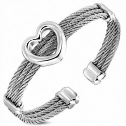 Bracelet manchette en fil de câble torsadé à 3 rangs en acier inoxydable avec coeur d'amour en acier inoxydable