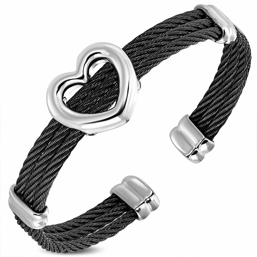Bracelet manchette en fil torsadé à 3 brins en acier inoxydable noir avec coeur ouvert en forme de coeur d'amour