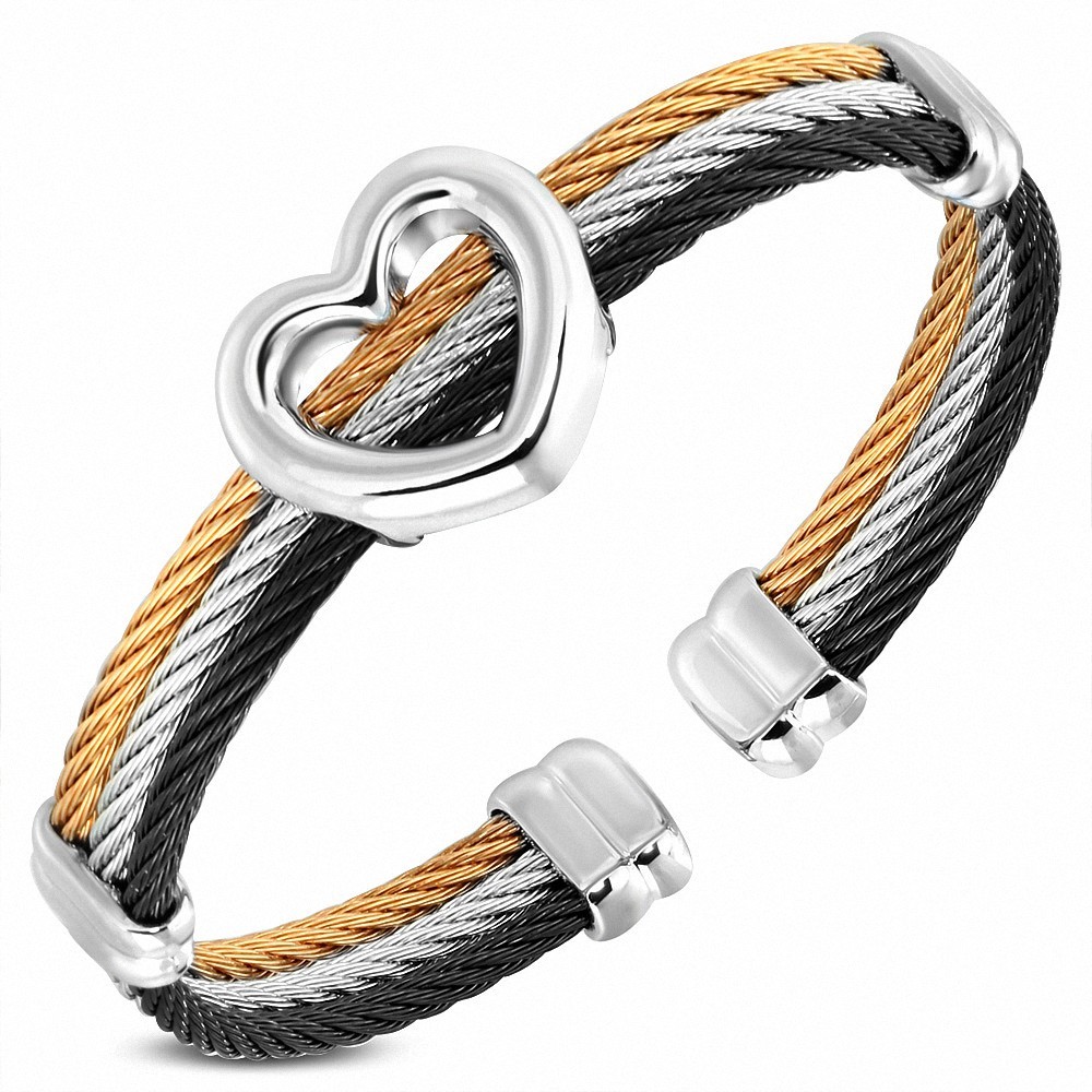 Bracelet manchette en fil torsadé à 3 brins en acier inoxydable à trois rangs en forme de coeur tricolore
