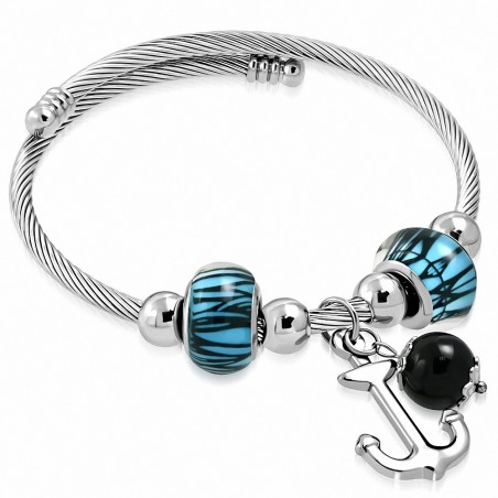 Bracelet jonc réglable en acier inoxydable avec breloque marine