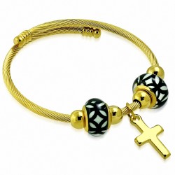 Bracelet en câble torsadé celtique en acier inoxydable doré avec croix en Amérique latine Charm avec perles réglables